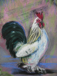 Painting of a chicken by Lynne Guy 